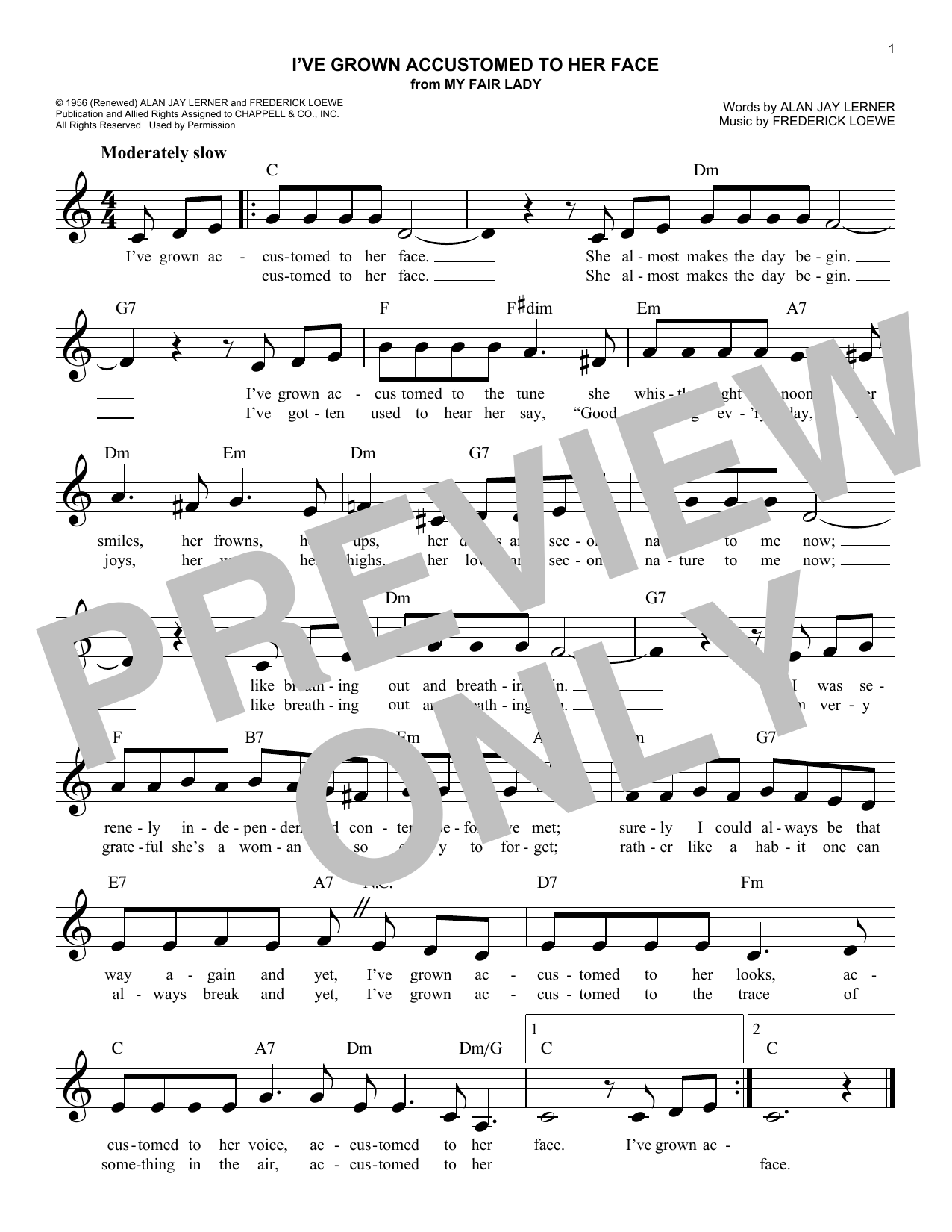 Learn to play Lerner & Loewe I've Grown Accustomed To Her Face (from My Fair Lady) sheet music for Easy Lead Sheet / Fake Book in minutes. Price: 5.9900$ Lerner & Loewe I've Grown Accustomed To Her Face (from My Fair Lady) sheet music notes and chords arranged for Easy Lead Sheet / Fake Book