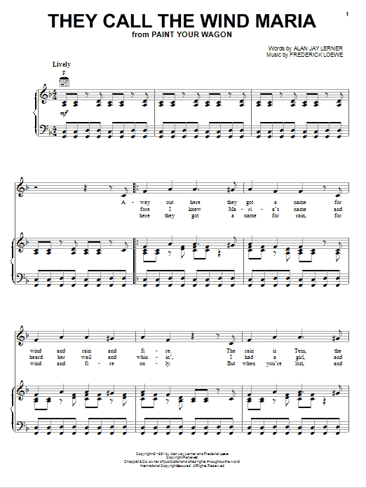 Lerner Loewe They Call The Wind Maria Sheet Music Pdf Notes Chords Broadway Score Piano Vocal Guitar Right Hand Melody Download Printable Sku 73245