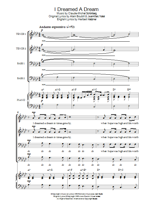Learn to play Boublil and Schonberg I Dreamed A Dream (from Les Miserables) sheet music for Choir in minutes. Price: 3.9900$ Boublil and Schonberg I Dreamed A Dream (from Les Miserables) sheet music notes and chords arranged for Choir