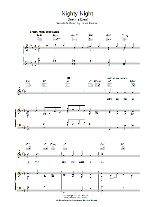 Learn to play Leslie Beacon Nighty-Night (Duerme Bien) sheet music for Piano, Vocal & Guitar (Right-Hand Melody) in minutes. Leslie Beacon Nighty-Night (Duerme Bien) sheet music notes and chords. Download Printable PDF.