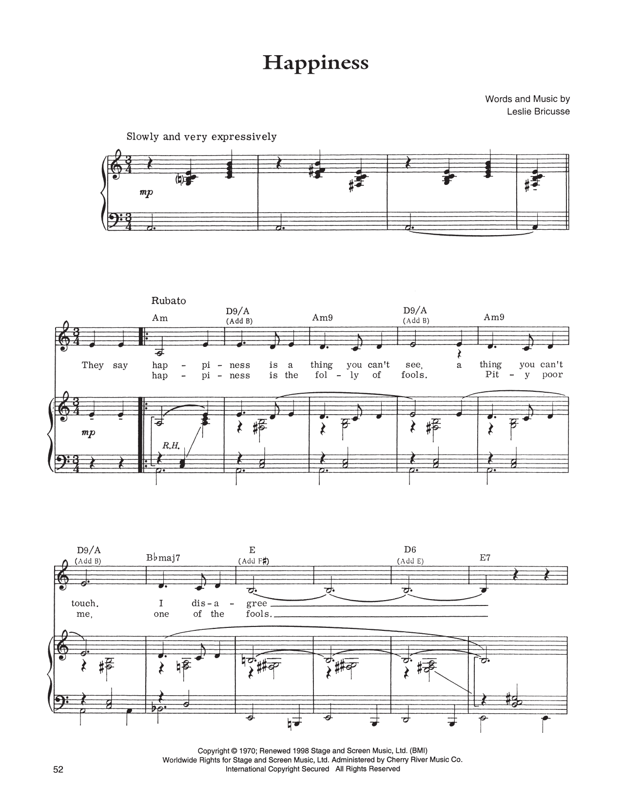 Leslie Bricusse Happiness sheet music notes and chords. Download Printable PDF.