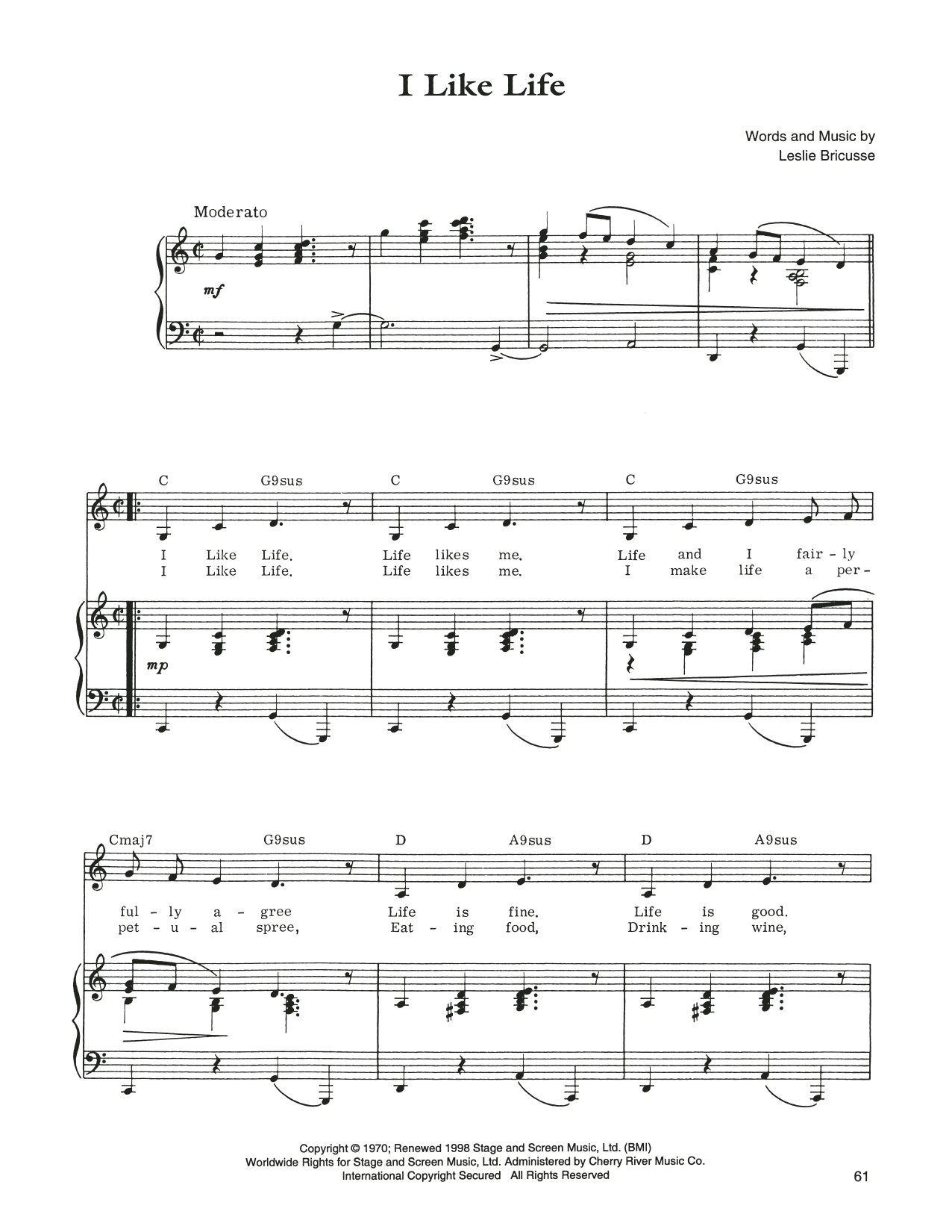 Leslie Bricusse I Like Life sheet music notes and chords. Download Printable PDF.