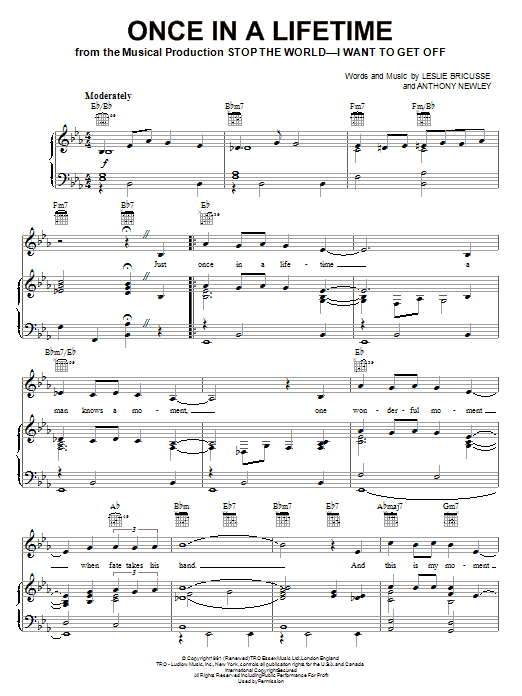 Learn to play Leslie Bricusse Once In A Lifetime sheet music for Piano Chords/Lyrics in minutes. Price: 3.9900$ Leslie Bricusse Once In A Lifetime sheet music notes and chords arranged for Piano Chords/Lyrics