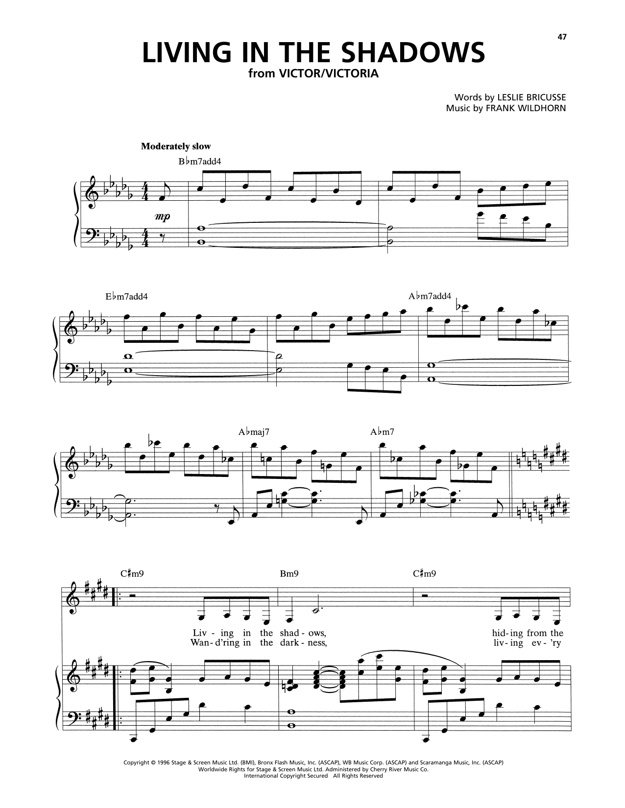 Learn to play Leslie Bricusse and Frank Wildhorn Living In The Shadows (from Victor/Victoria) sheet music for Piano, Vocal & Guitar (Right-Hand Melody) in minutes. Leslie Bricusse and Frank Wildhorn Living In The Shadows (from Victor/Victoria) sheet music notes and chords