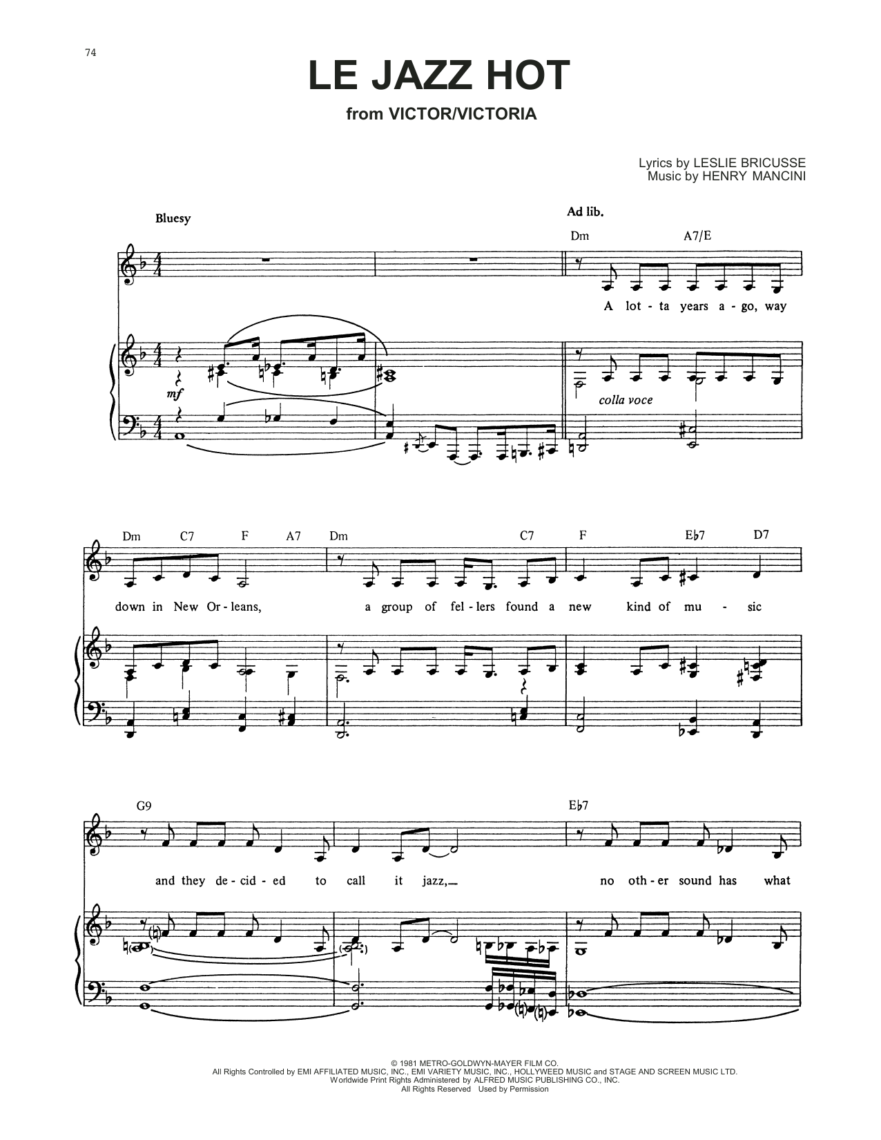 Learn to play Leslie Bricusse and Henry Mancini Le Jazz Hot (from Victor/Victoria) sheet music for Piano, Vocal & Guitar (Right-Hand Melody) in minutes. Leslie Bricusse and Henry Mancini Le Jazz Hot (from Victor/Victoria) sheet music notes and chords. Download Printable PDF.