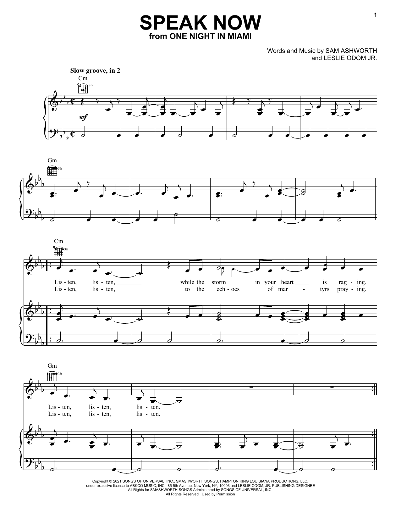 Learn to play Leslie Odom Jr. Speak Now (from One Night In Miami...) sheet music for Piano, Vocal & Guitar Chords (Right-Hand Melody) in minutes. Price: 6.9900$ Leslie Odom Jr. Speak Now (from One Night In Miami...) sheet music notes and chords arranged for Piano, Vocal & Guitar Chords (Right-Hand Melody)
