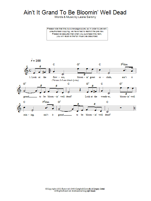 Learn to play Leslie Sarony Ain't It Grand To Be Bloomin' Well Dead sheet music for Lead Sheet / Fake Book in minutes. Price: 5.9900$ Leslie Sarony Ain't It Grand To Be Bloomin' Well Dead sheet music notes and chords arranged for Lead Sheet / Fake Book
