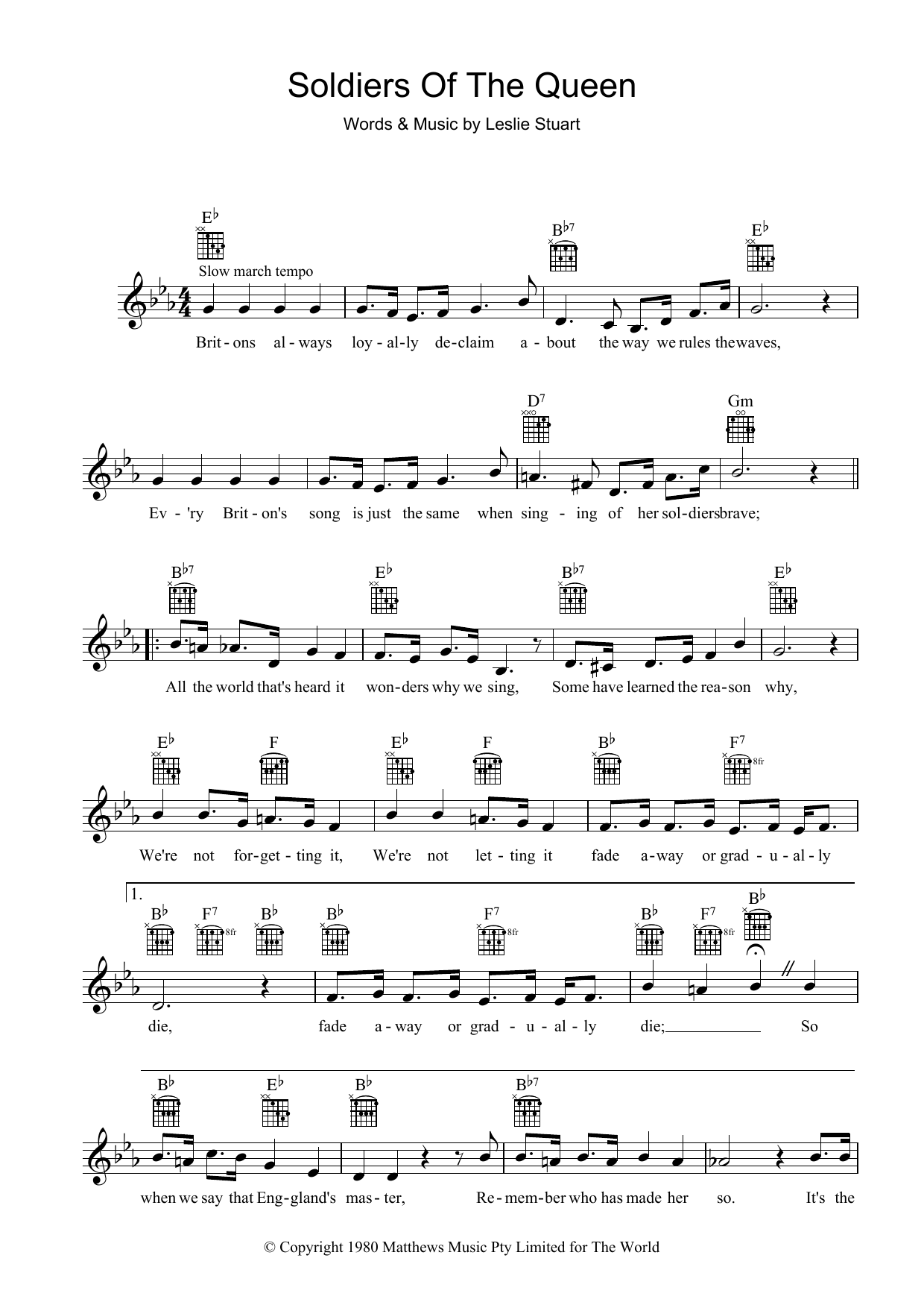 Learn to play Leslie Stuart Soldiers Of The Queen sheet music for Lead Sheet / Fake Book in minutes. Price: 5.9900$ Leslie Stuart Soldiers Of The Queen sheet music notes and chords arranged for Lead Sheet / Fake Book