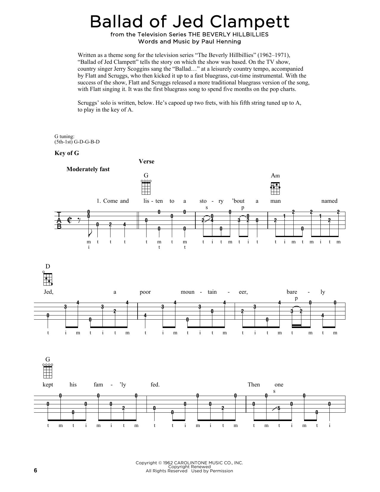 Lester Flatt & Earl Scruggs Ballad Of Jed Clampett (from The Beverly Hillbillies) (arr. Fred Sokolow) sheet music notes and chords. Download Printable PDF.