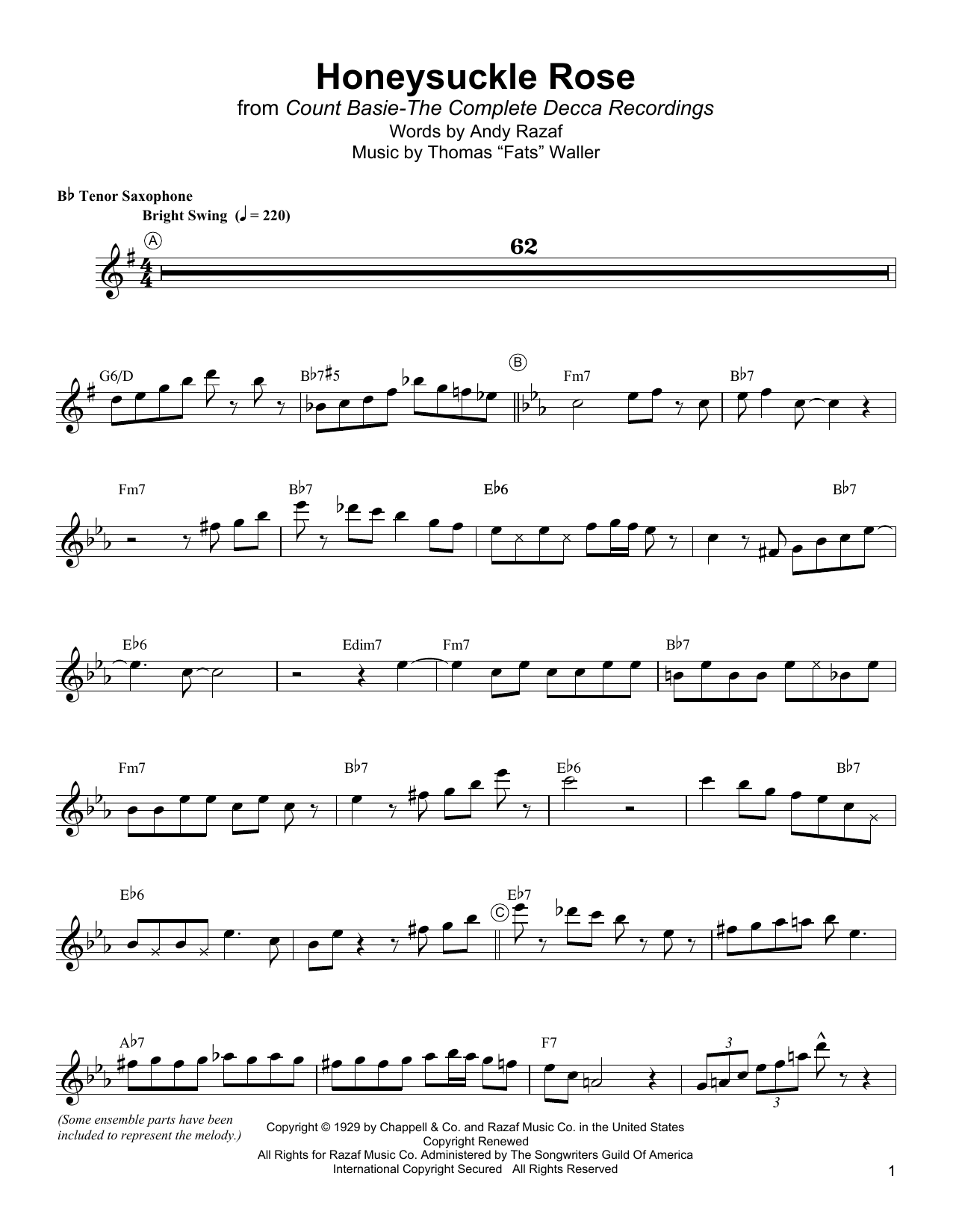 Lester Young Honeysuckle Rose sheet music notes and chords. Download Printable PDF.