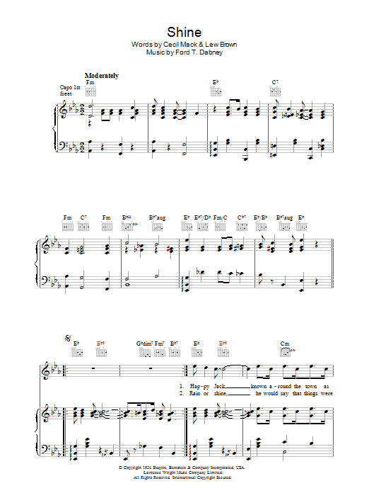 Learn to play Lew Brown Shine sheet music for Piano, Vocal & Guitar (Right-Hand Melody) in minutes. Lew Brown Shine sheet music notes and chords. Download Printable PDF.