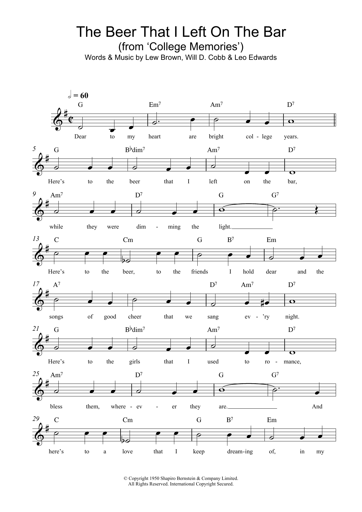 Learn to play Lew Brown The Beer That I Left On The Bar (College Memories) sheet music for Lead Sheet / Fake Book in minutes. Price: 5.9900$ Lew Brown The Beer That I Left On The Bar (College Memories) sheet music notes and chords arranged for Lead Sheet / Fake Book
