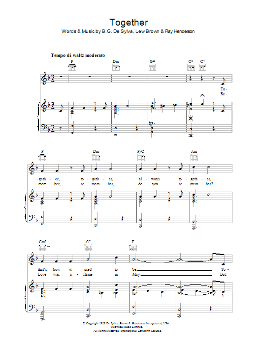 Learn to play Lew Brown Together sheet music for Piano, Vocal & Guitar (Right-Hand Melody) in minutes. Lew Brown Together sheet music notes and chords. Download Printable PDF.