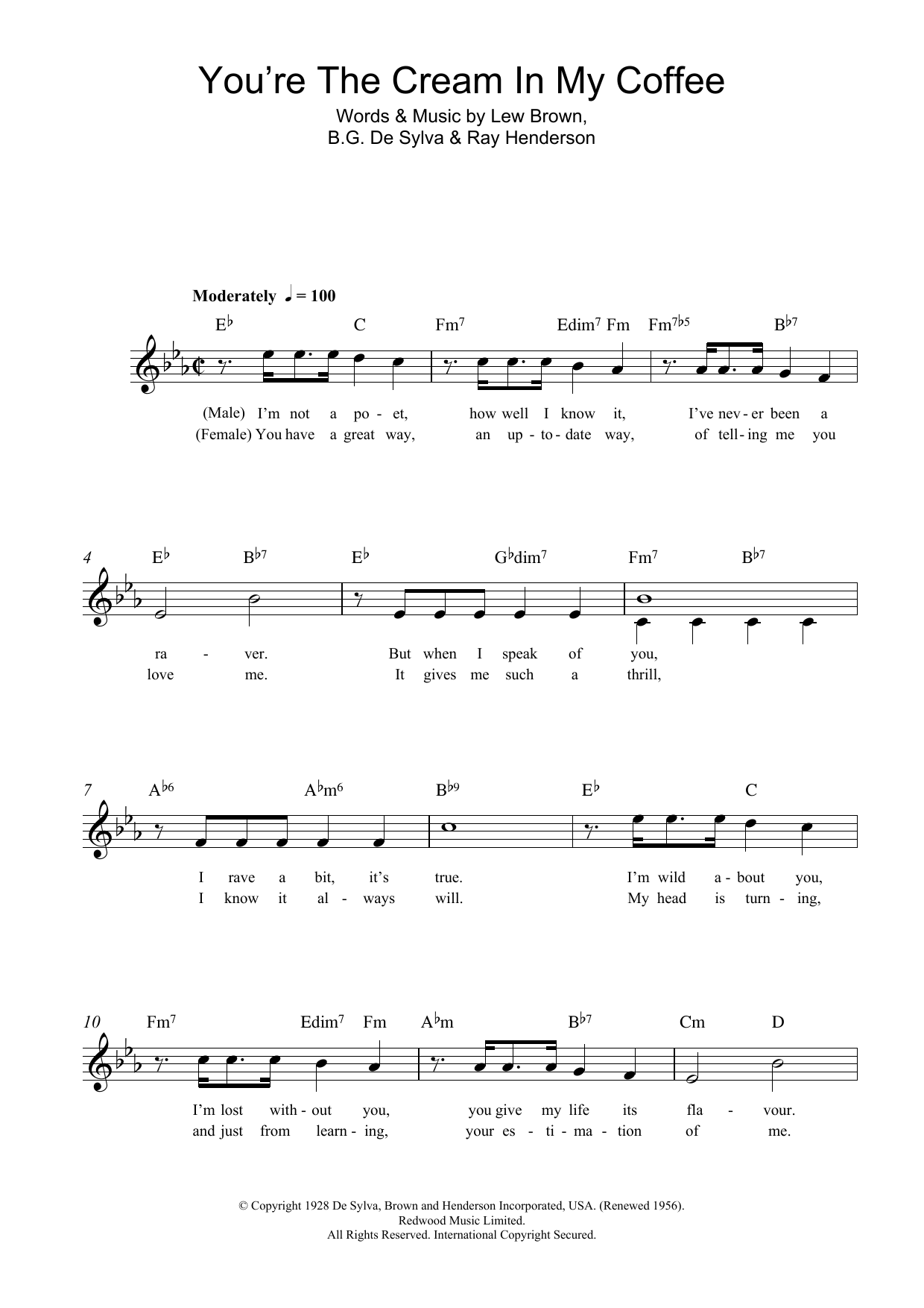 Learn to play Lew Brown You're The Cream In My Coffee sheet music for Lead Sheet / Fake Book in minutes. Lew Brown You're The Cream In My Coffee sheet music notes and chords. Download Printable PDF.