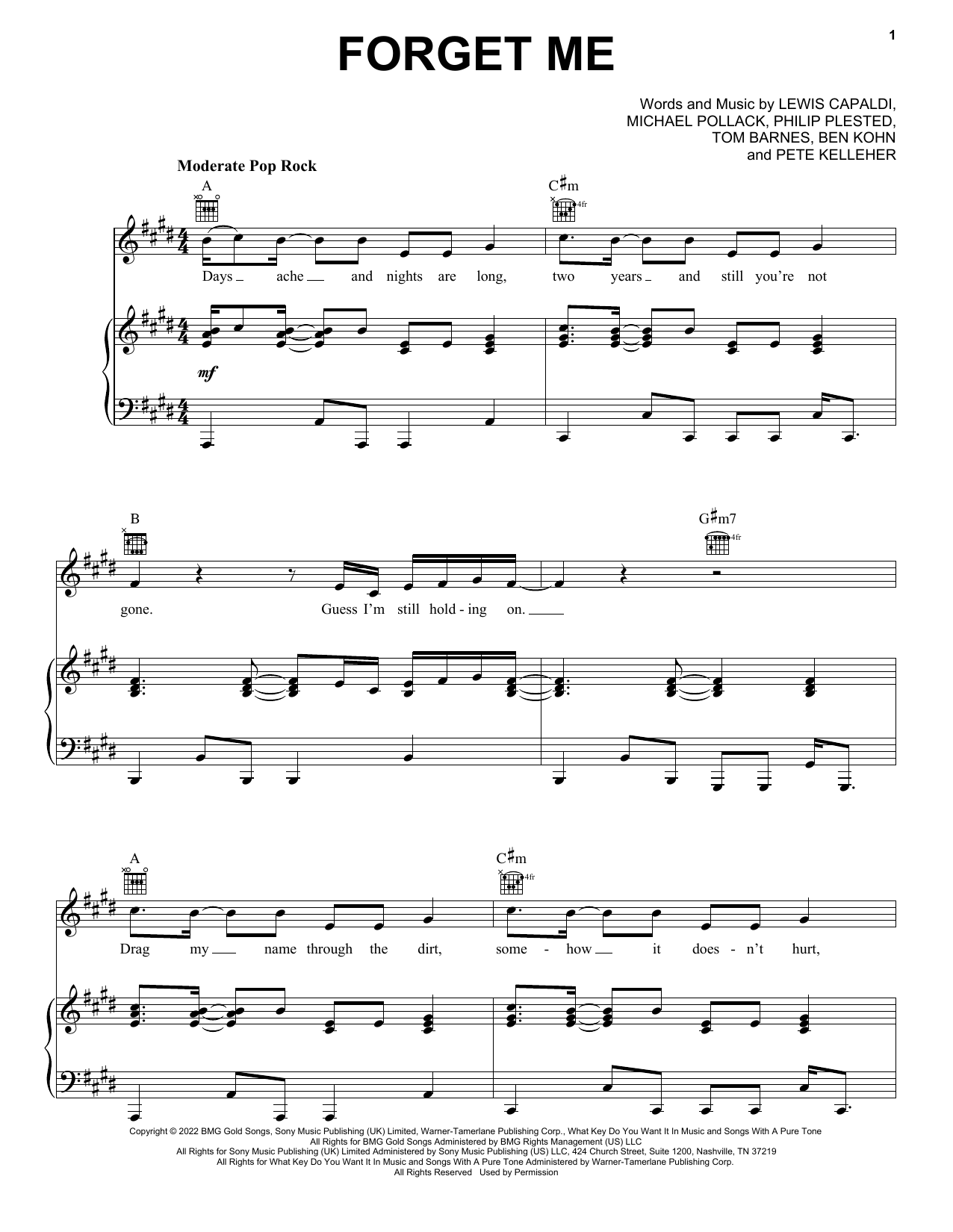 Lewis Capaldi Forget Me sheet music notes and chords - Download Printable PDF and start playing in minutes.