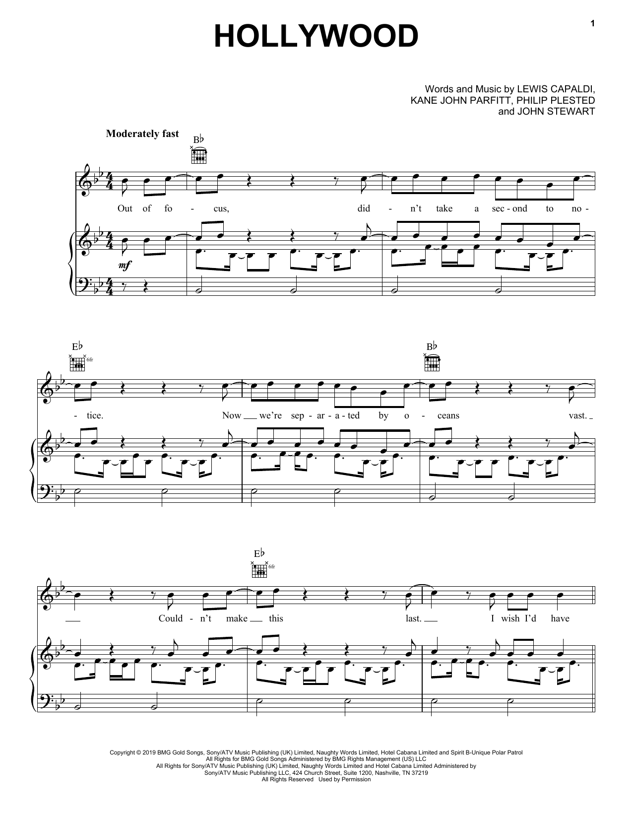 Lewis Capaldi Hollywood sheet music notes and chords. Download Printable PDF.