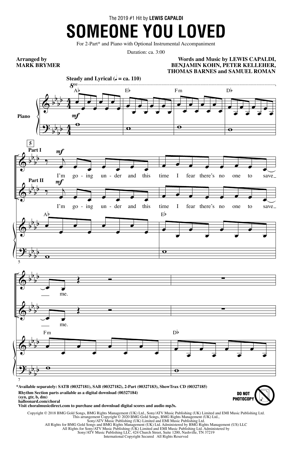 Lewis Capaldi Someone You Loved (arr. Mark Brymer) sheet music notes and chords. Download Printable PDF.