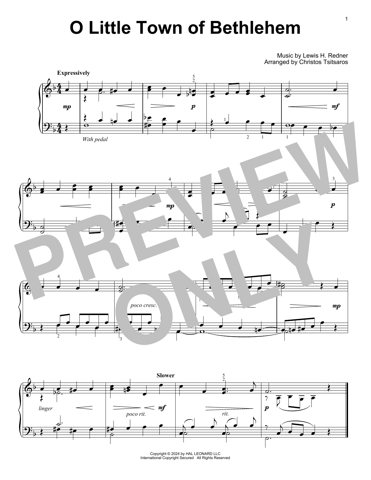 Lewis H. Redner O Little Town Of Bethlehem (arr. Christos Tsitsaros) sheet music notes and chords. Download Printable PDF.