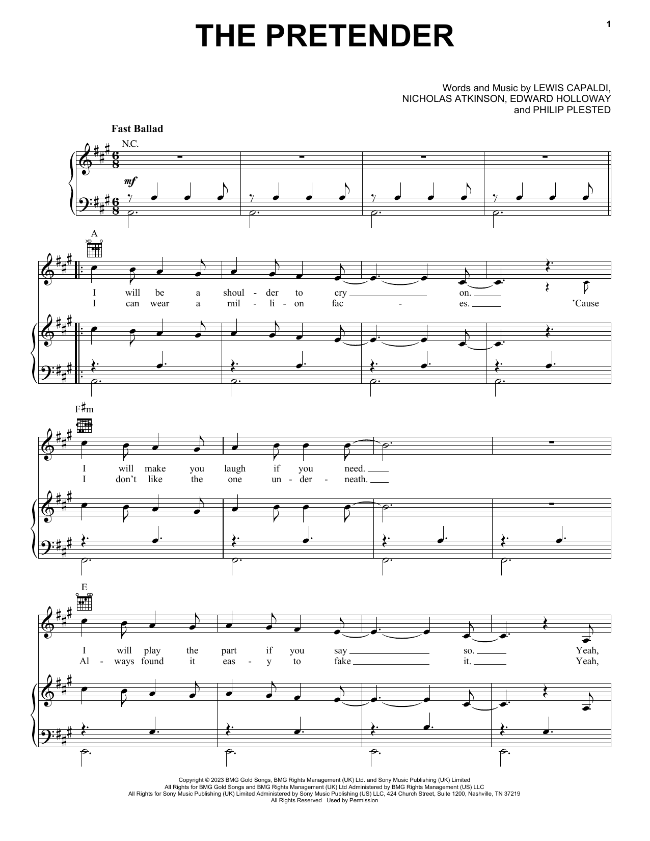 Lewis Capaldi The Pretender sheet music notes and chords. Download Printable PDF.