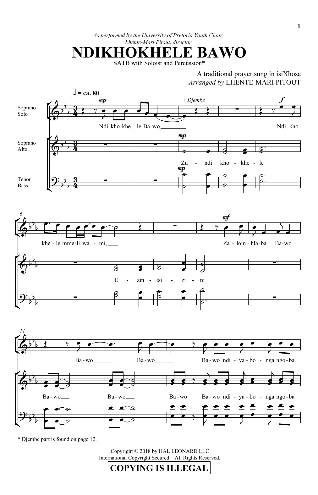 Lhente-Mari Pitout Ndikhokhele Bawo sheet music notes and chords. Download Printable PDF.