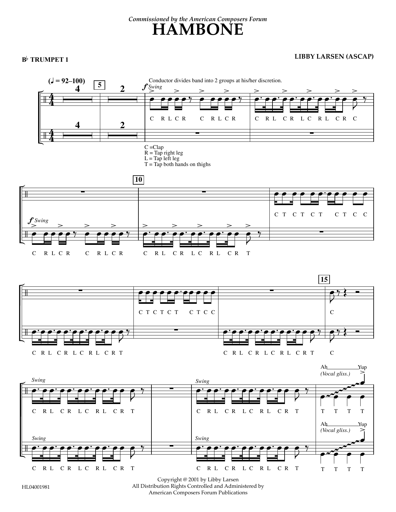 Learn to play Libby Larsen Hambone - Bb Trumpet 1 sheet music for Concert Band in minutes. Price: 5.9900$ Libby Larsen Hambone - Bb Trumpet 1 sheet music notes and chords arranged for Concert Band