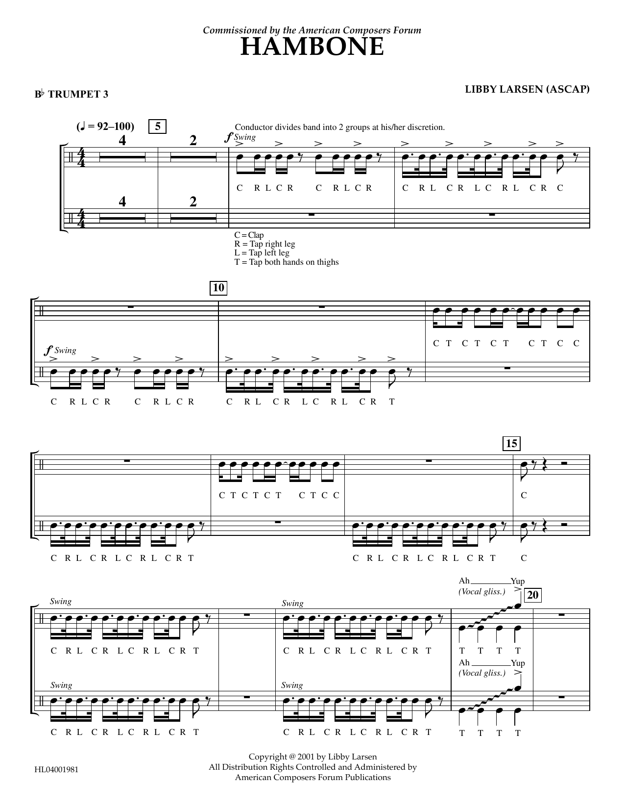 Learn to play Libby Larsen Hambone - Bb Trumpet 3 sheet music for Concert Band in minutes. Price: 5.9900$ Libby Larsen Hambone - Bb Trumpet 3 sheet music notes and chords arranged for Concert Band
