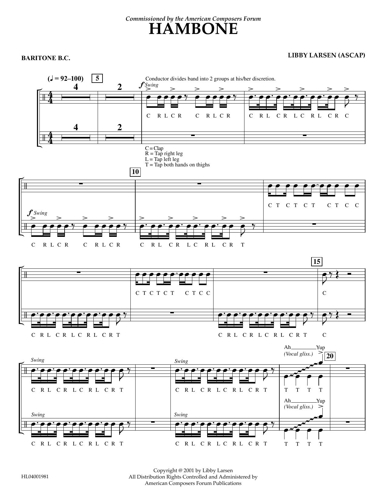 Learn to play Libby Larsen Hambone - Euphonium in Bass Clef sheet music for Concert Band in minutes. Price: 5.9900$ Libby Larsen Hambone - Euphonium in Bass Clef sheet music notes and chords arranged for Concert Band