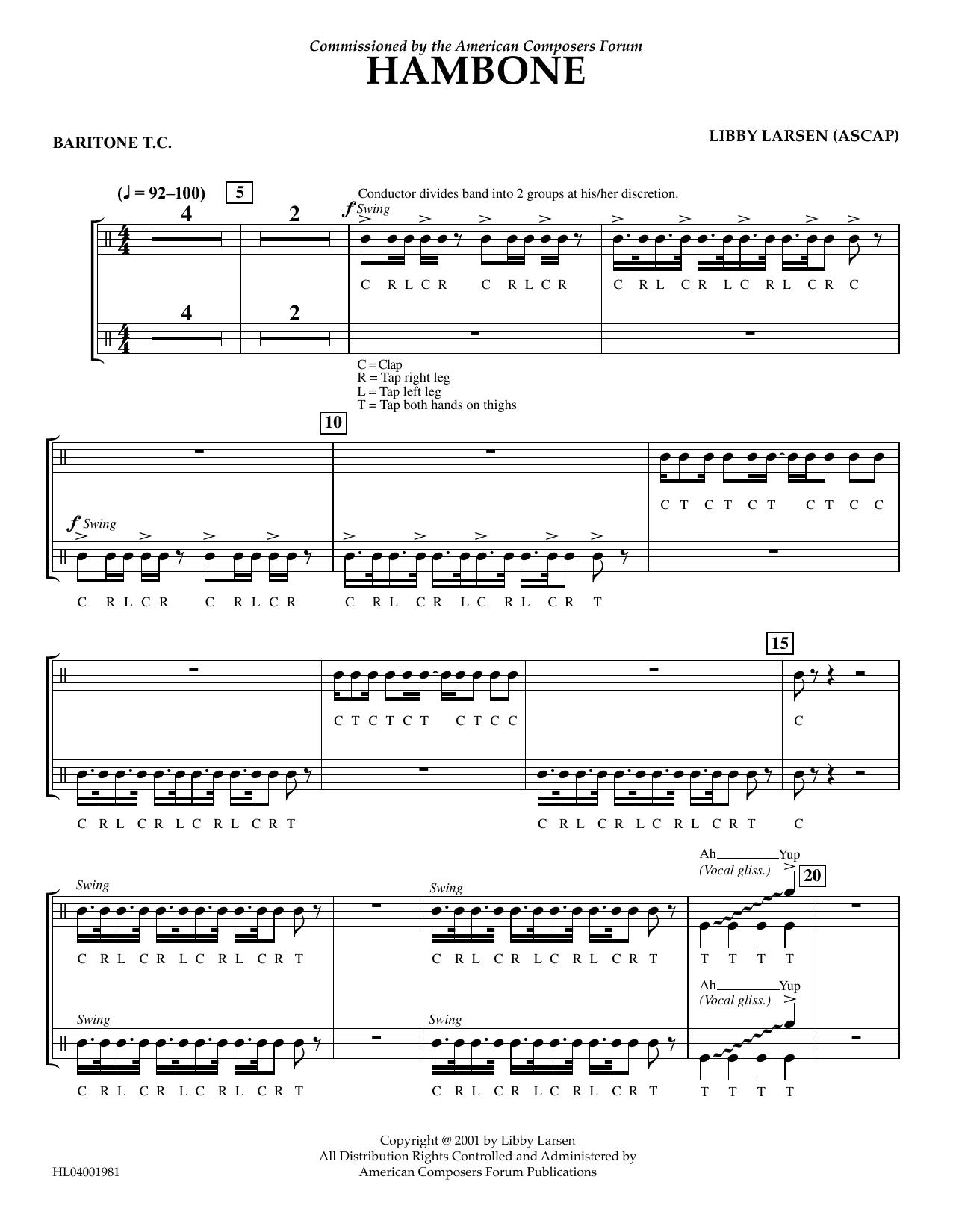 Learn to play Libby Larsen Hambone - Euphonium in Treble Clef sheet music for Concert Band in minutes. Price: 5.9900$ Libby Larsen Hambone - Euphonium in Treble Clef sheet music notes and chords arranged for Concert Band