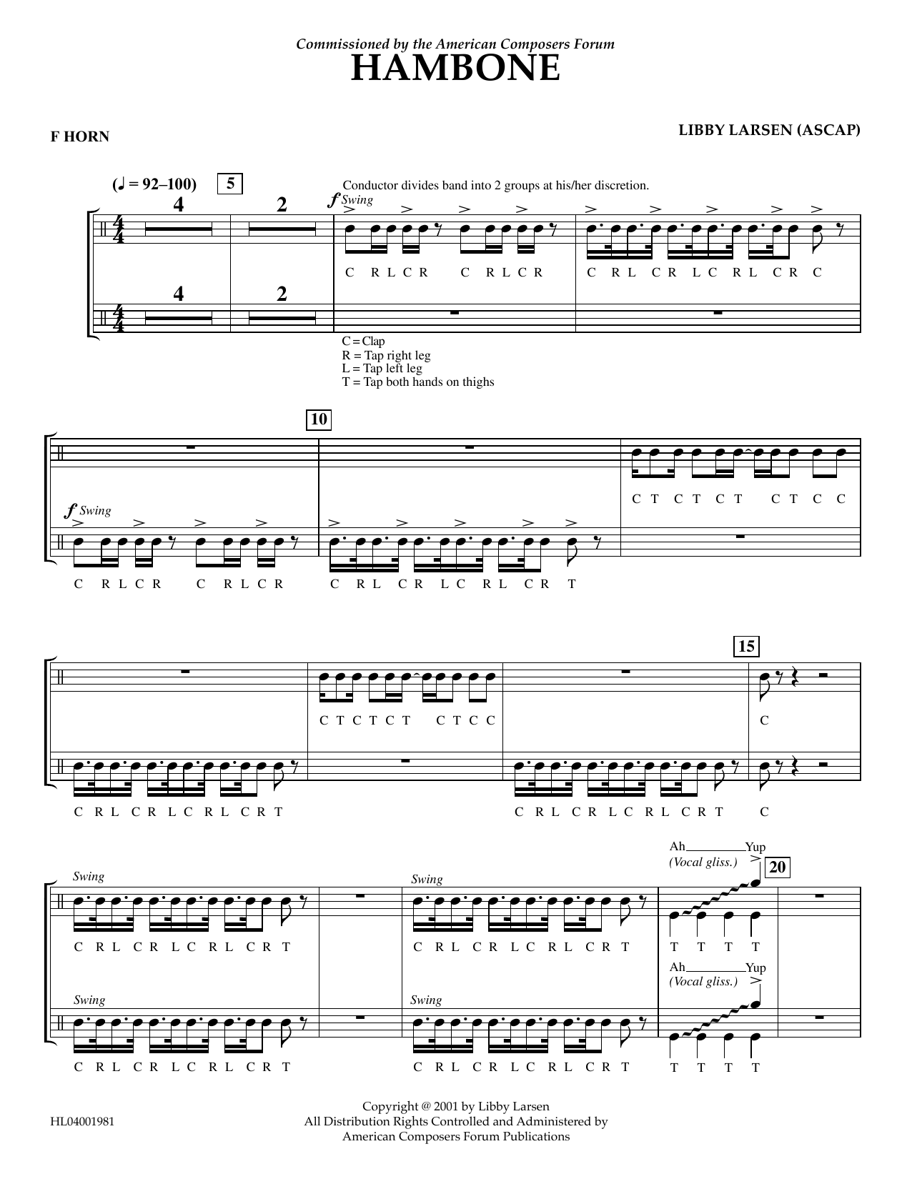 Learn to play Libby Larsen Hambone - F Horn sheet music for Concert Band in minutes. Price: 5.9900$ Libby Larsen Hambone - F Horn sheet music notes and chords arranged for Concert Band