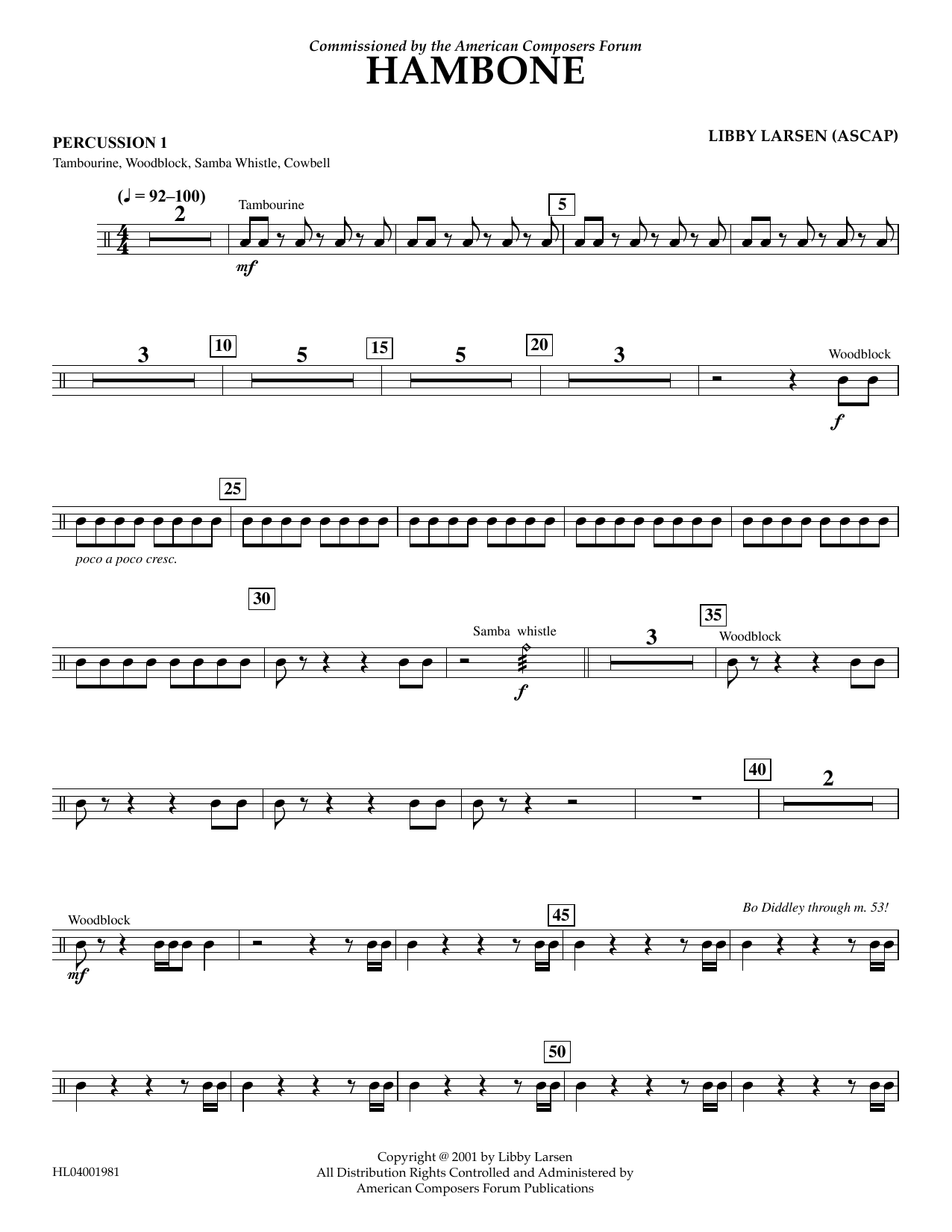 Learn to play Libby Larsen Hambone - Percussion 1 sheet music for Concert Band in minutes. Price: 5.9900$ Libby Larsen Hambone - Percussion 1 sheet music notes and chords arranged for Concert Band