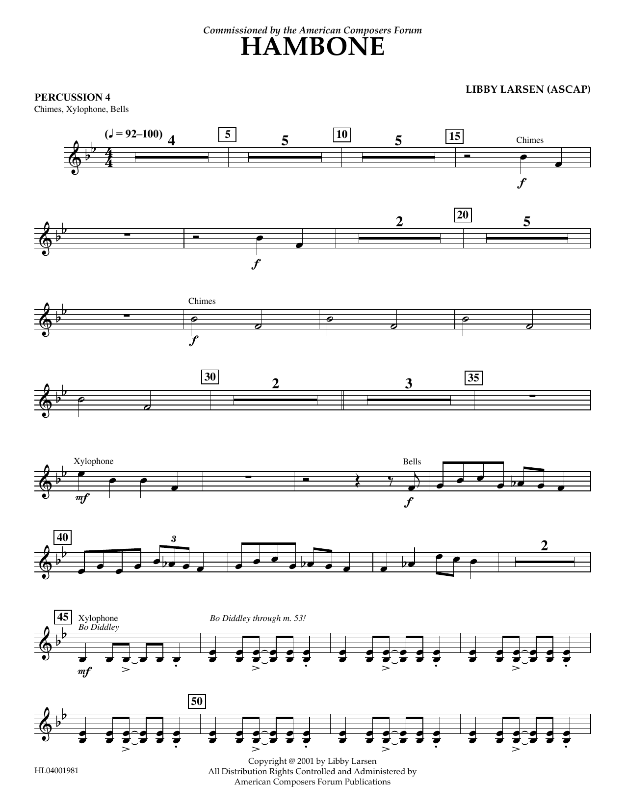 Learn to play Libby Larsen Hambone - Percussion 4 sheet music for Concert Band in minutes. Price: 5.9900$ Libby Larsen Hambone - Percussion 4 sheet music notes and chords arranged for Concert Band