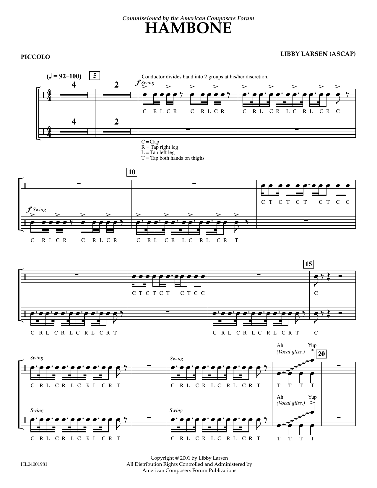 Libby Larsen Hambone - Piccolo sheet music notes and chords. Download Printable PDF.