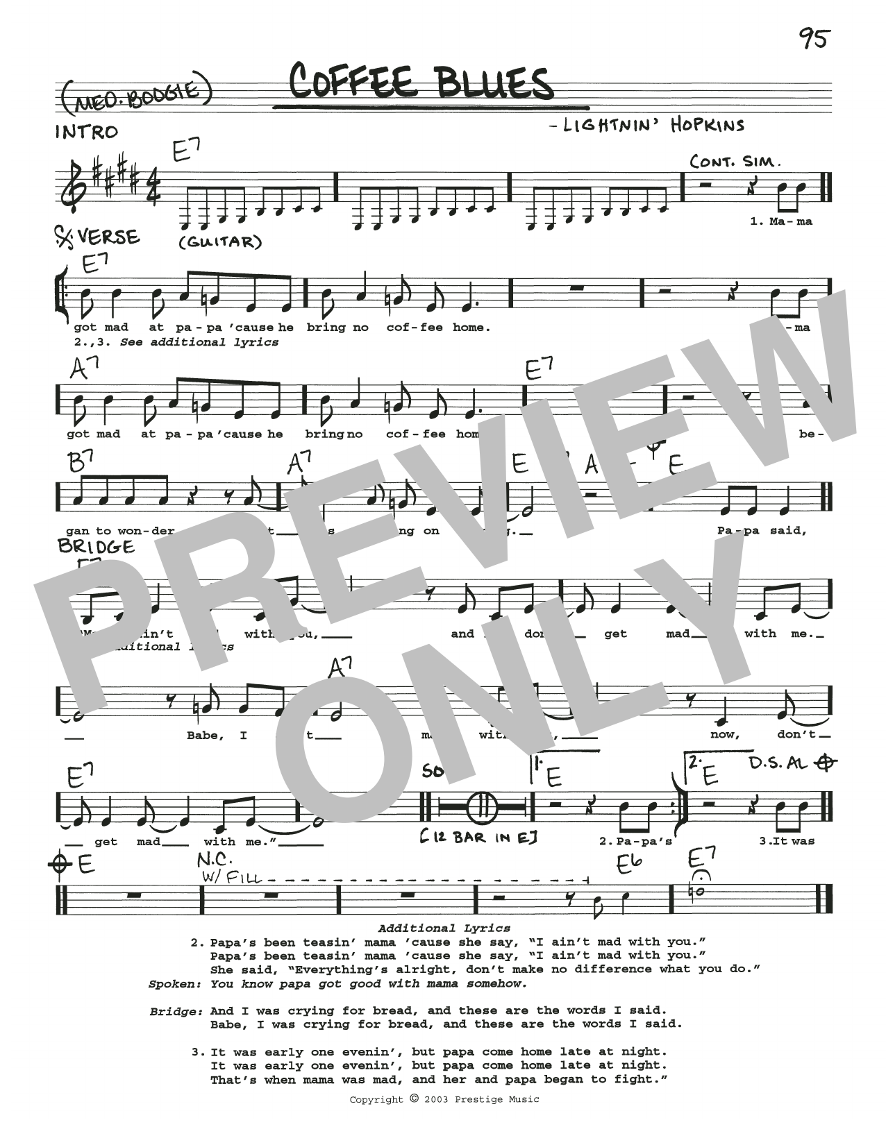 Lightnin' Hopkins Coffee Blues sheet music notes and chords. Download Printable PDF.