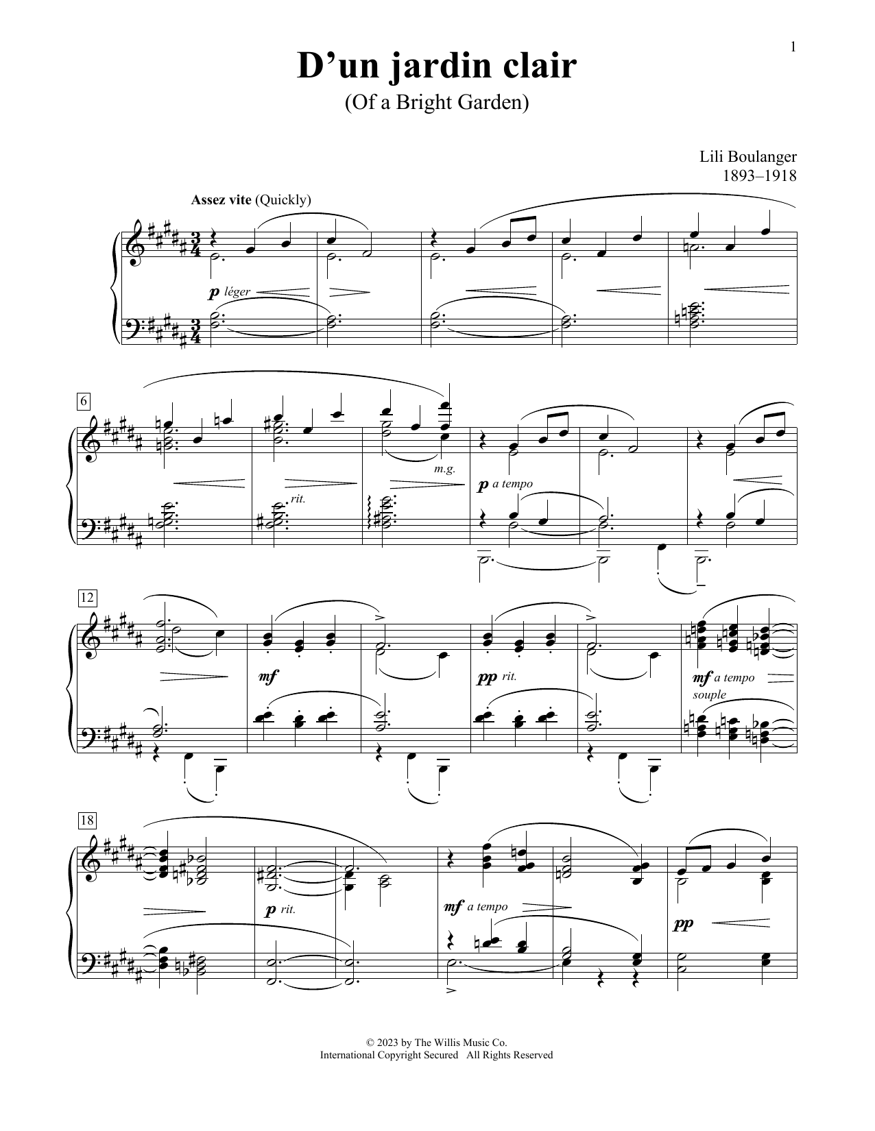 Lili Boulanger D'un Jardin Clair sheet music notes and chords. Download Printable PDF.