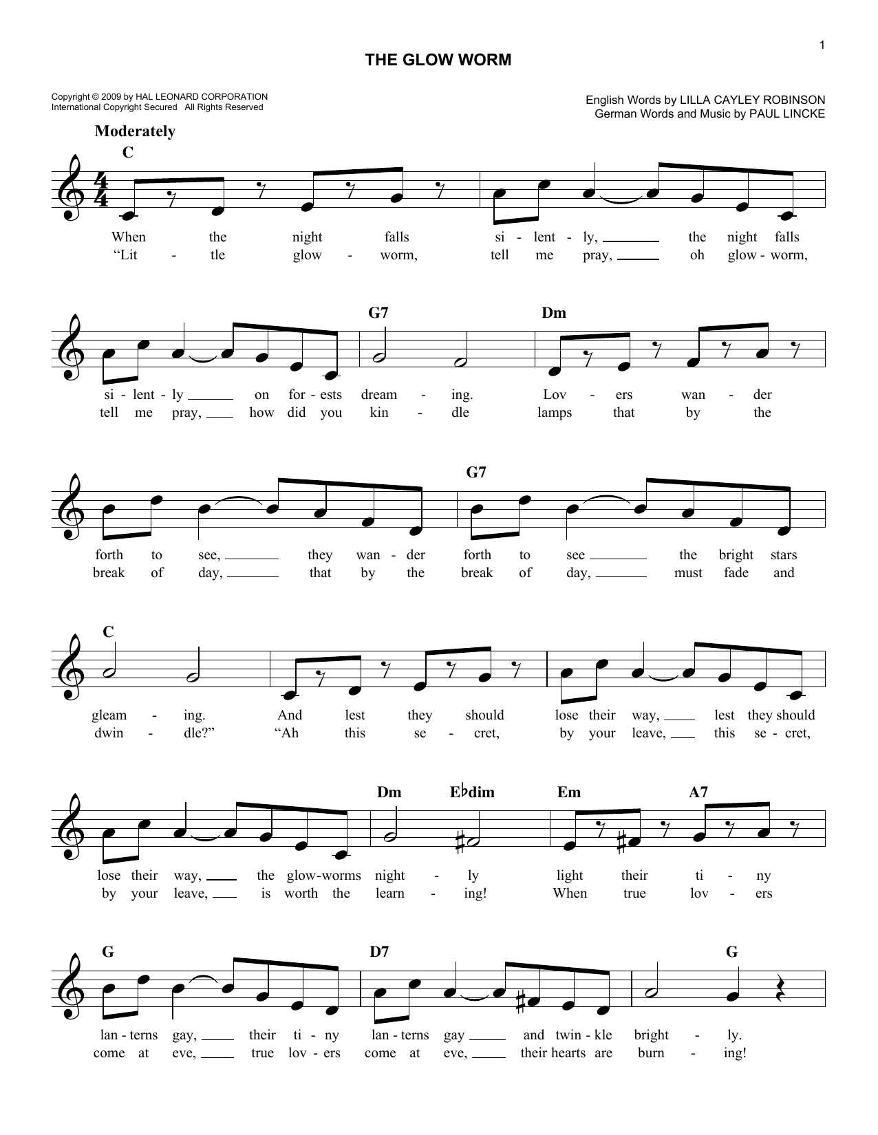 Lilla Cayley Robinson The Glow Worm sheet music notes and chords arranged for Easy Lead Sheet / Fake Book
