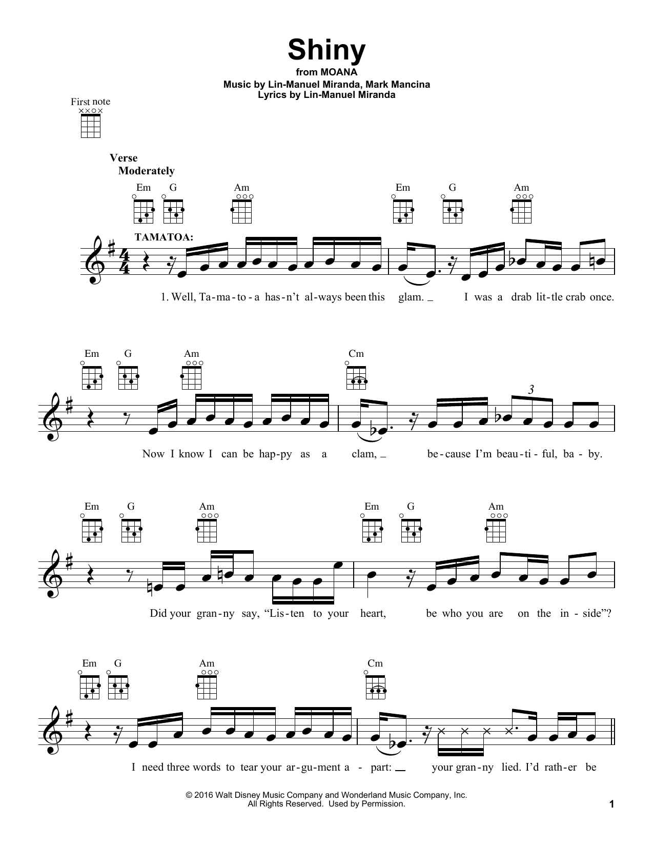 Lin-Manuel Miranda Shiny (from Moana) sheet music notes and chords. Download Printable PDF.