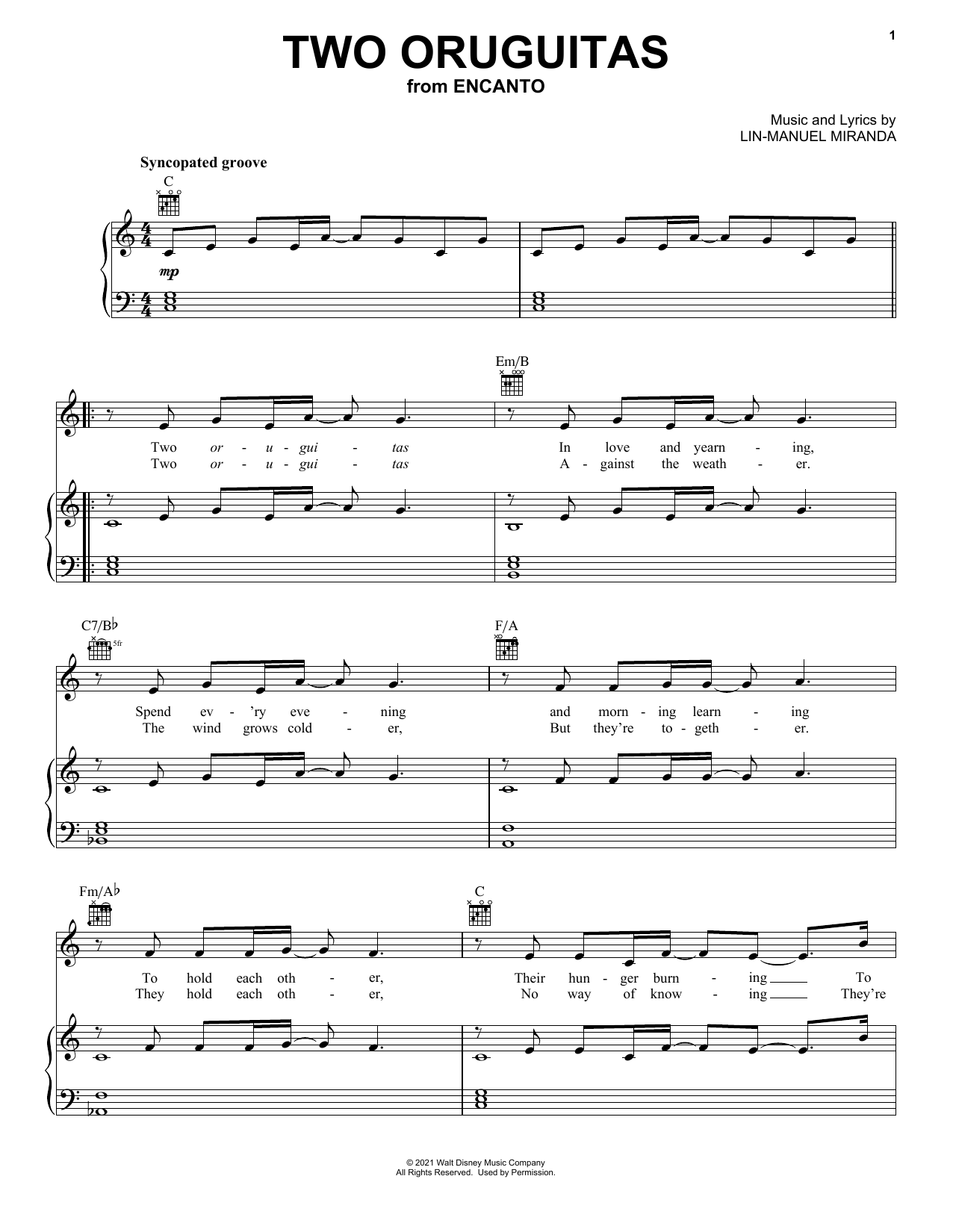 Lin-Manuel Miranda Two Oruguitas sheet music notes and chords. Download Printable PDF.