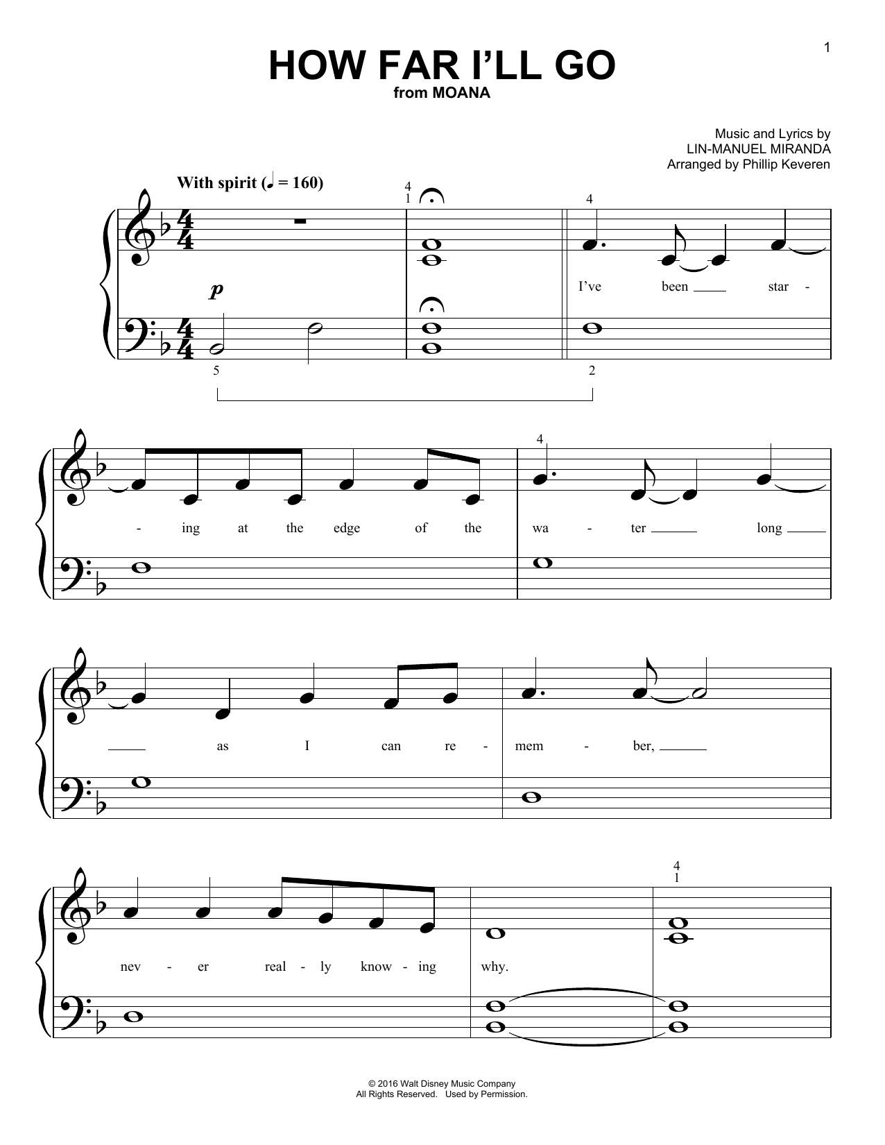 Lin-Manuel Miranda "How Far I'll Go (from Moana) (arr. Phillip Keveren)" Sheet Music PDF Notes, Chords | Children Score Big Note Piano Download Printable. 254875