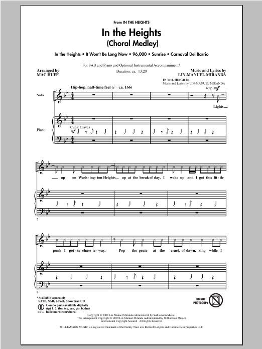 Learn to play Lin-Manuel Miranda In The Heights (Choral Medley) (arr. Mac Huff) sheet music for 2-Part Choir in minutes. Price: 4.7900$ Lin-Manuel Miranda In The Heights (Choral Medley) (arr. Mac Huff) sheet music notes and chords arranged for 2-Part Choir