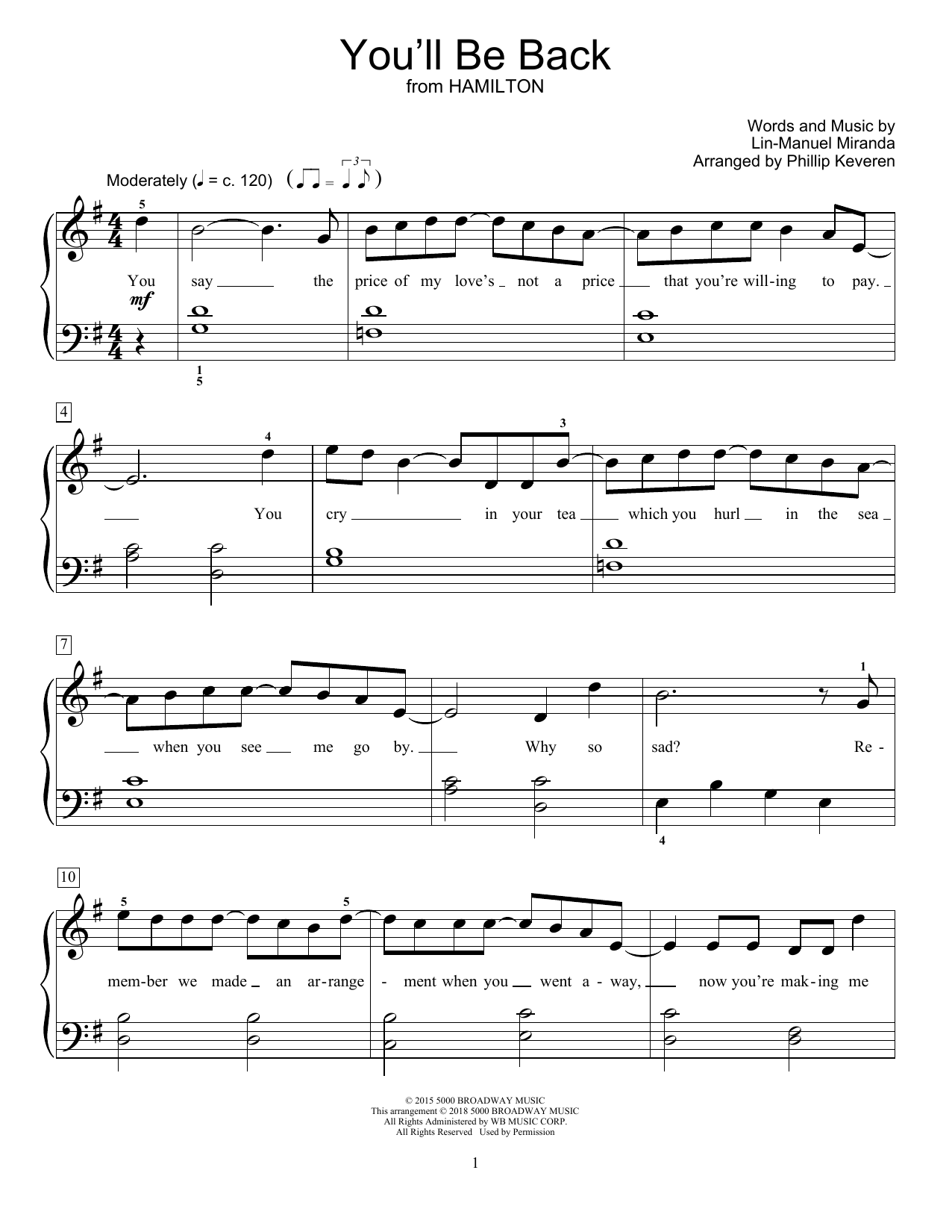 Lin Manuel Miranda You Ll Be Back From Hamilton Arr Phillip Keveren Sheet Music Pdf Notes Chords Broadway Score Educational Piano Download Printable Sku 417464