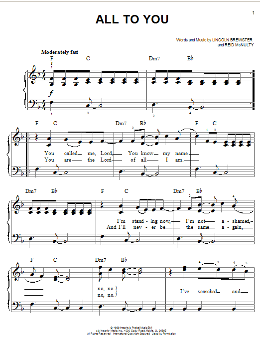 Lincoln Brewster All To You sheet music notes and chords arranged for Easy Piano