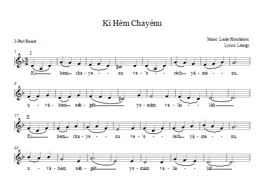 Learn to play Linda Hirschhorn Ki Hem Khayenu sheet music for 3-Part Mixed Choir in minutes. Price: 3.9900$ Linda Hirschhorn Ki Hem Khayenu sheet music notes and chords arranged for 3-Part Mixed Choir