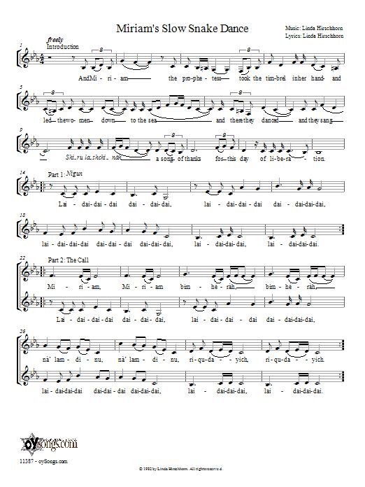 Learn to play Linda Hirschhorn Miriam's Slow Snake Dance sheet music for 2-Part Choir in minutes. Price: 3.9900$ Linda Hirschhorn Miriam's Slow Snake Dance sheet music notes and chords arranged for 2-Part Choir