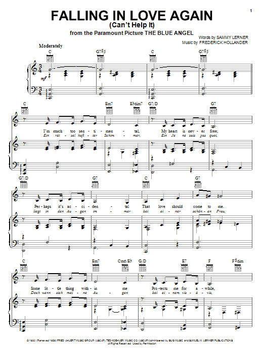 Linda Ronstadt Falling In Love Again (Can't Help It) sheet music notes and chords. Download Printable PDF.
