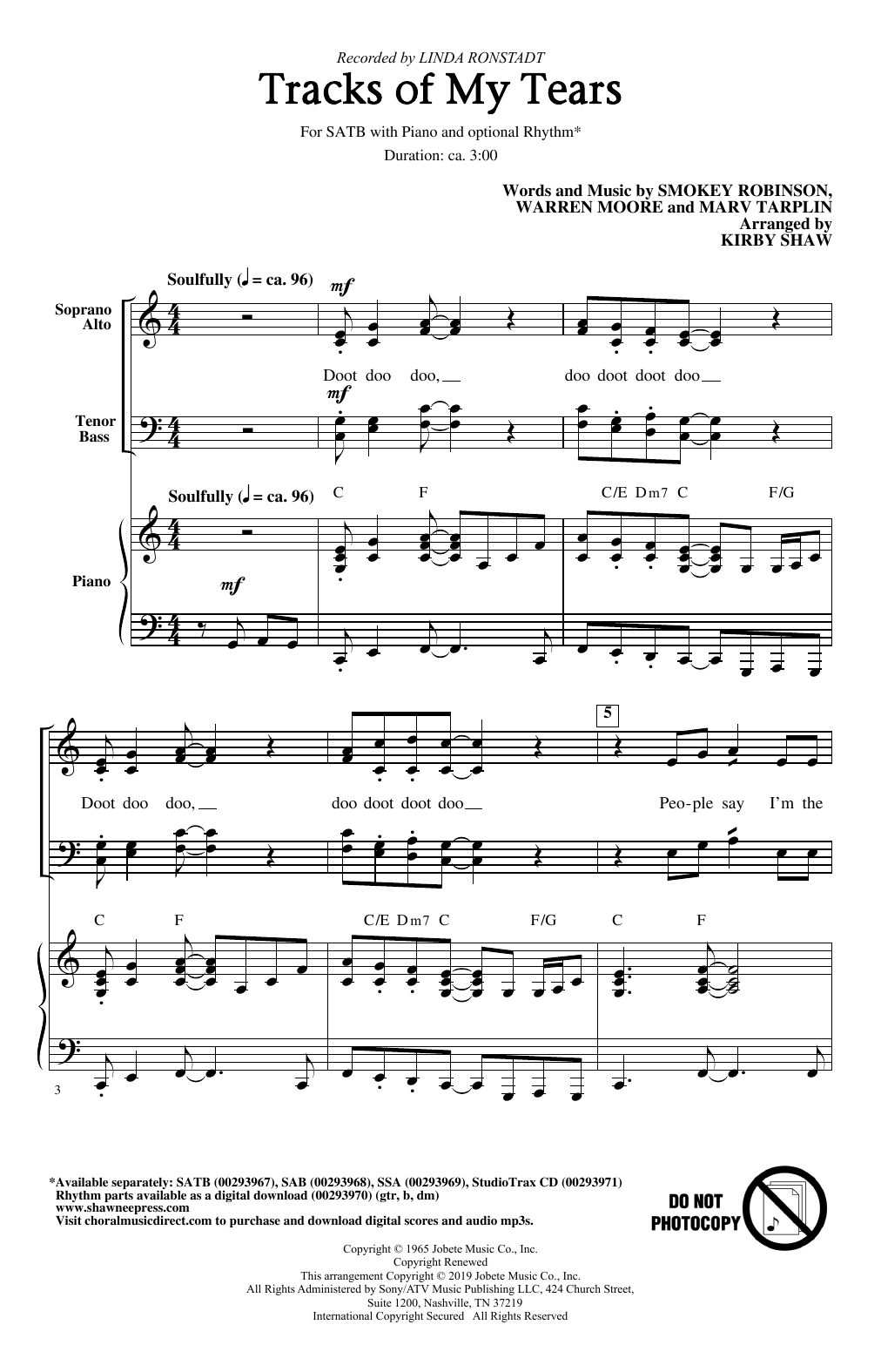 Learn to play Linda Ronstadt Tracks Of My Tears (arr. Kirby Shaw) sheet music for SAB Choir in minutes. Price: 3.9900$ Linda Ronstadt Tracks Of My Tears (arr. Kirby Shaw) sheet music notes and chords arranged for SAB Choir