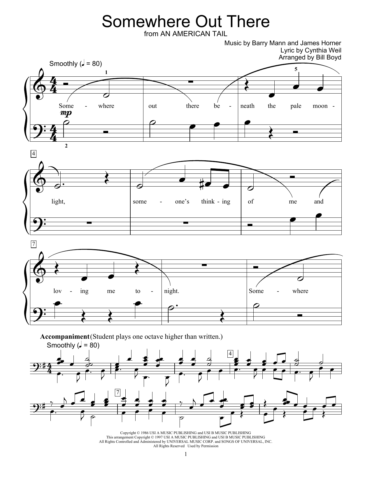 Learn to play Linda Ronstadt & James Ingram Somewhere Out There (from An American Tail) (arr. Bill Boyd) sheet music for Educational Piano in minutes. Price: 6.9900$ Linda Ronstadt & James Ingram Somewhere Out There (from An American Tail) (arr. Bill Boyd) sheet music notes and chords arranged for Educational Piano