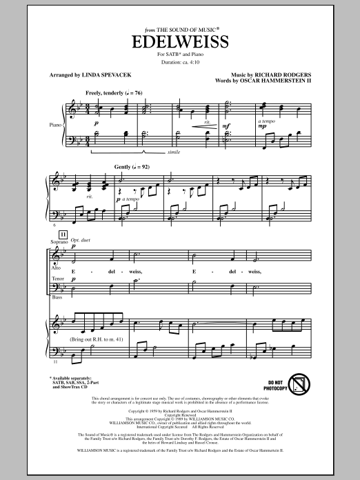 Linda Spevacek Edelweiss From The Sound Of Music Sheet Music Pdf Notes Chords Film Tv Score Sab Choir Download Printable Sku 283956