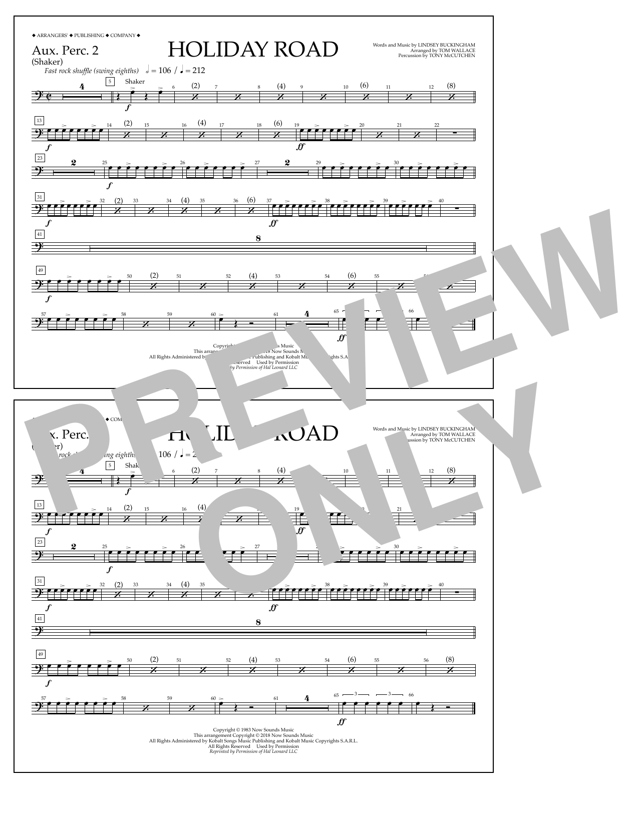 Learn to play Lindsey Buckingham Holiday Road (from National Lampoon's Vacation) (arr. Tom Wallace) - Aux. Perc. 2 sheet music for Marching Band in minutes. Price: 7.8900$ Lindsey Buckingham Holiday Road (from National Lampoon's Vacation) (arr. Tom Wallace) - Aux. Perc. 2 sheet music notes and chords arranged for Marching Band