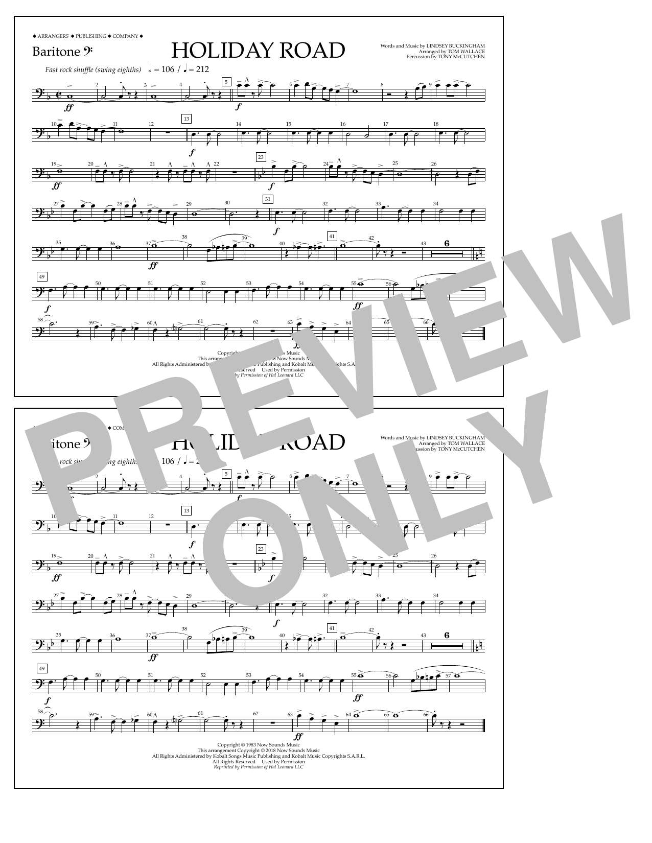 Learn to play Lindsey Buckingham Holiday Road (from National Lampoon's Vacation) (arr. Tom Wallace) - Baritone B.C. sheet music for Marching Band in minutes. Price: 7.8900$ Lindsey Buckingham Holiday Road (from National Lampoon's Vacation) (arr. Tom Wallace) - Baritone B.C. sheet music notes and chords arranged for Marching Band