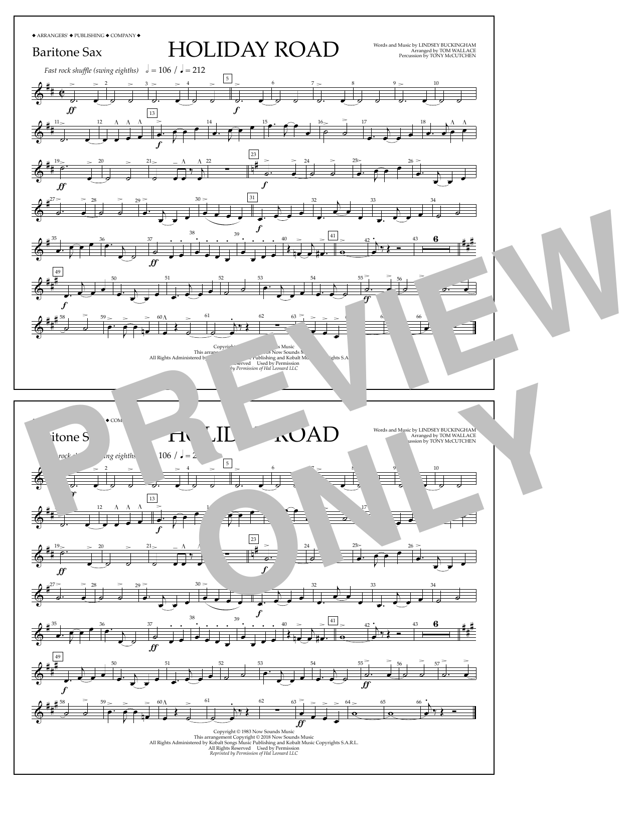 Learn to play Lindsey Buckingham Holiday Road (from National Lampoon's Vacation) (arr. Tom Wallace) - Baritone Sax sheet music for Marching Band in minutes. Price: 7.8900$ Lindsey Buckingham Holiday Road (from National Lampoon's Vacation) (arr. Tom Wallace) - Baritone Sax sheet music notes and chords arranged for Marching Band